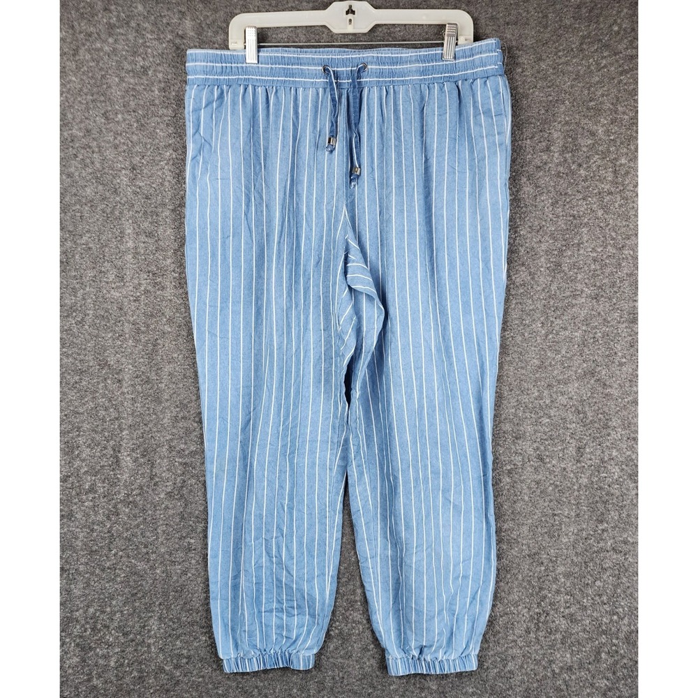 Robert Louis Jogger Pants Womens XL Blue White Pinstripe Cotton Blend Drawstring